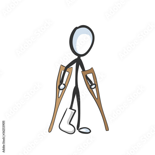 Broken leg gypsum. Vector simple handicap physically disable person. Stickman no face clipart cartoon. Hand drawn. Doodle sketch, graphic illustration