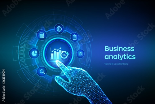 Business data analytics and robotic process automation concept on virtual screen. Profit and revenue of company, BI or KPI concept. Robotic hand touching digital interface. Vector illustration.