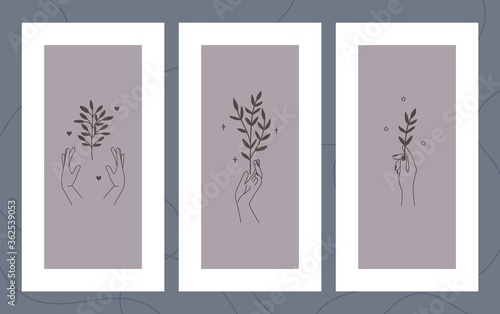 Floral flyers template. Modern banners or bookmarks with outline hands holding branches. Contemporary minimalist design vector illustration