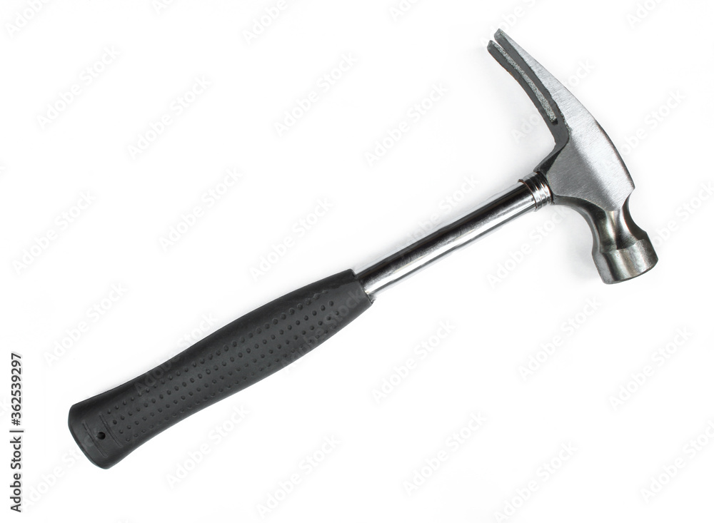 Silver Hammer with nail puller and rubbery handle isolated. Black and white photo Silver Hammer with nail puller and rubbery handle isolated. Black and white photo
