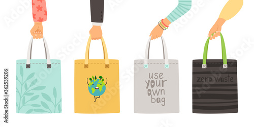 Zero waste bags. Arms holding own reusable bag poster, hand drawn durable items without plastic isolated on white background photo