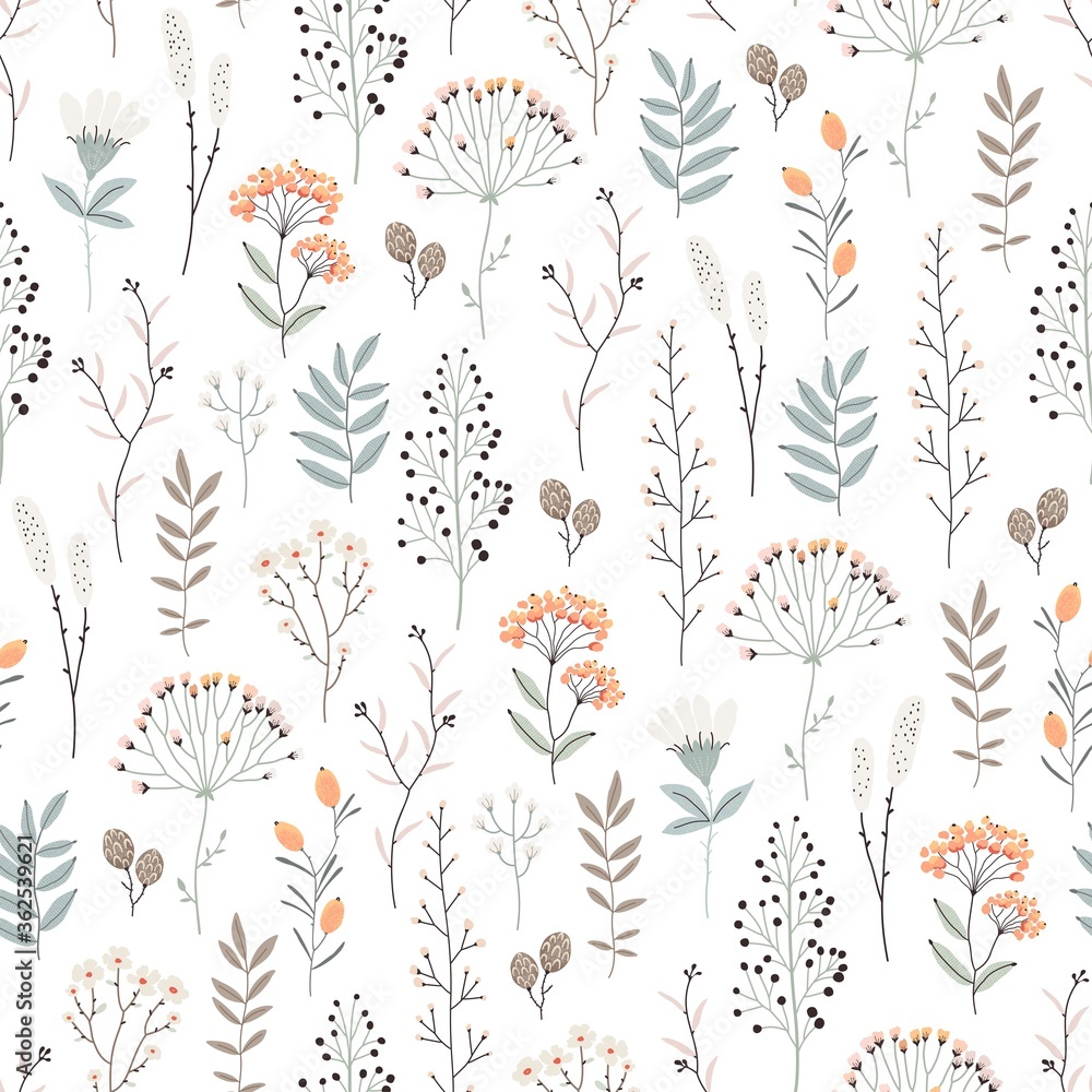 Floral seamless pattern with abstract flowers, branches, leaves and plants, botanical vector illustration in vintage style. 