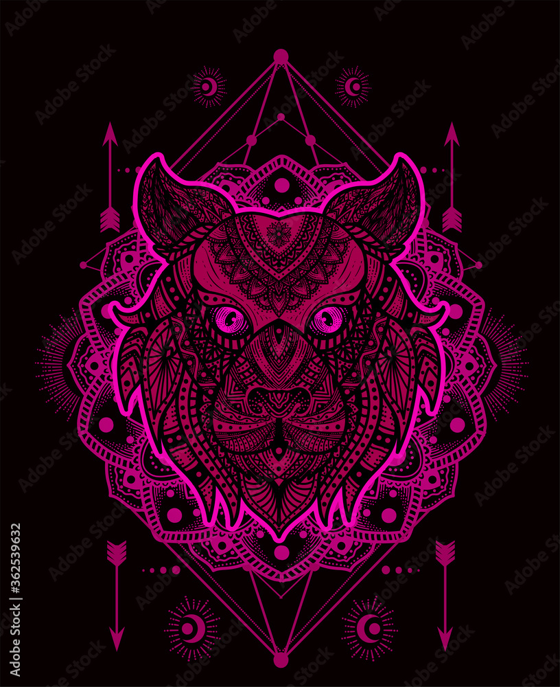 Fototapeta premium Tiger head floral tribal style with mandala pattern in black background-vector retro illustration.