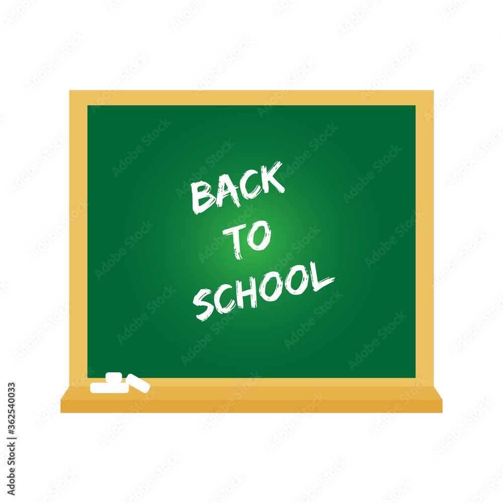 Back to school text on green chalkboard. Flat vector illustration on white background. Back to school text on green chalkboard. Flat vector illustration on white background.