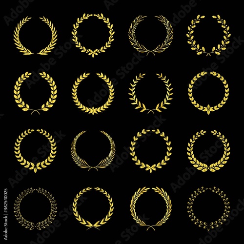 Golden Laurel wreath. Awards logotype with stars Isolated elegant abstract gold emblem. Luxurious congratulating framed template.