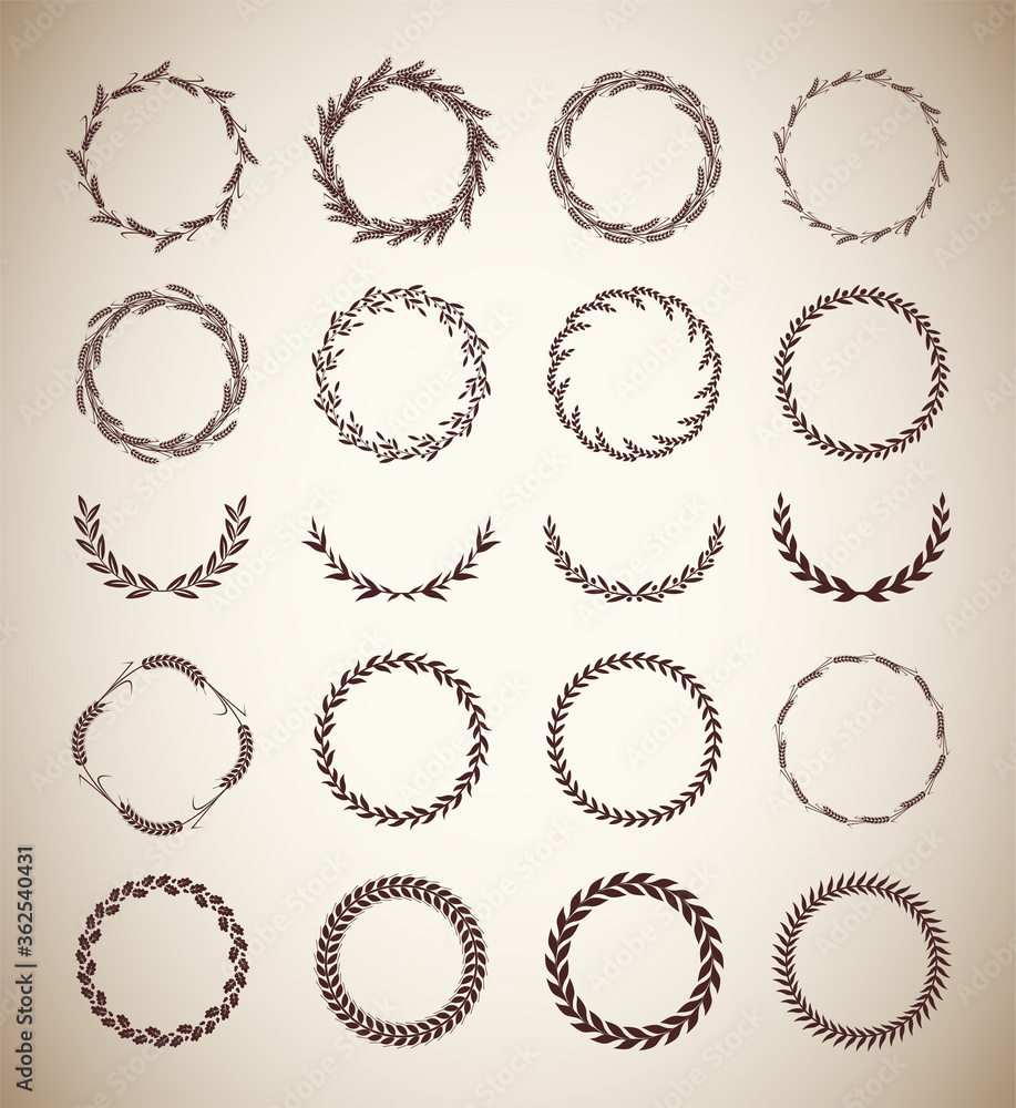 Collection of different vintage silhouette circular laurel foliate, wheat and oak wreaths depicting an award, achievement, heraldry, nobility. Vector illustration.