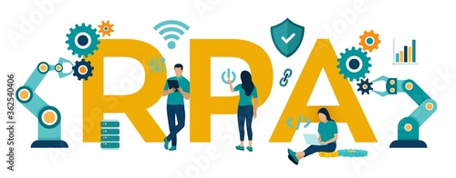 RPA Robotic process automation innovation technology concept. Intelligent system automation. AI. Artificial intelligence. Colourful flat style vector illustration with characters and icons.