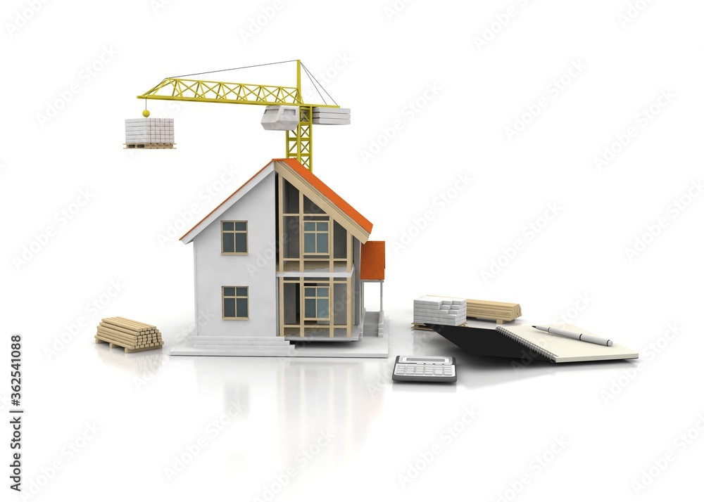 House 3d rendering illustration with open interior on top. Blueprints, documents, crane and mortgage calculations. House 3d rendering illustration with open interior on top. Blueprints, documents, crane and mortgage calculations.