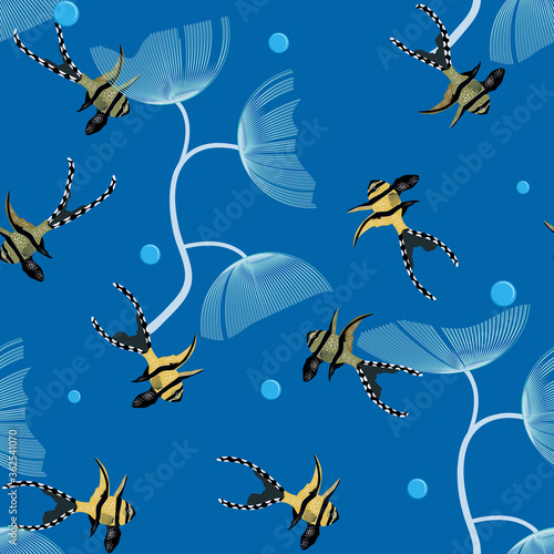 Seamless vector illustration. Underwater world with beautiful fish on a blue background.