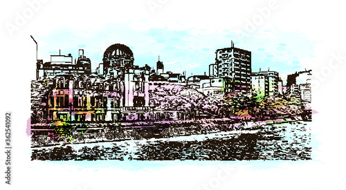 Building view with landmark of Hand drawn sketch illustration in vector.