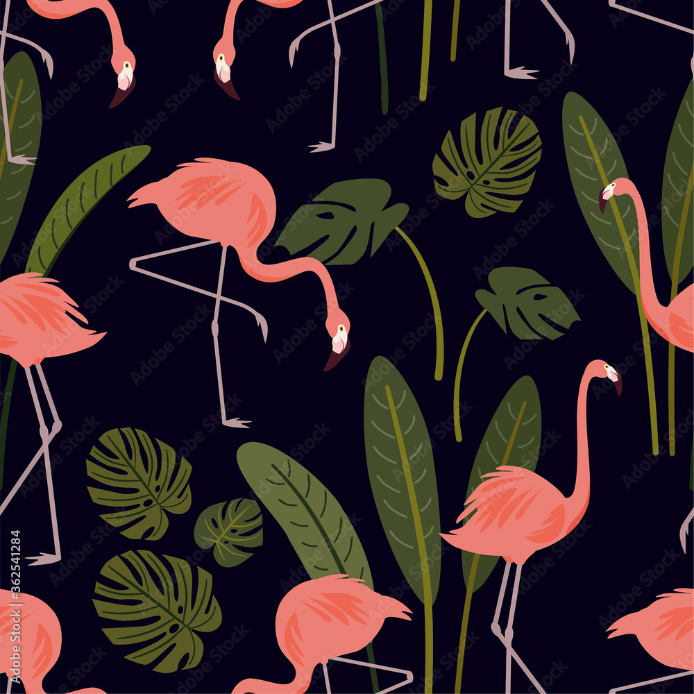 Obraz premium Summer pattern with exotic flamingo birds and tropical leaves. Vector seamless texture.