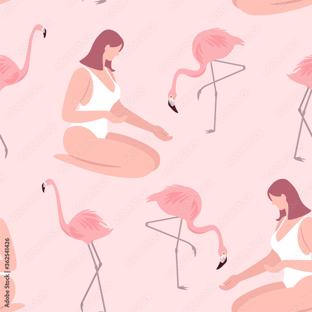 Summer pattern with flamingos and girls in swimsuits. Vector seamless texture Summer pattern with flamingos and girls in swimsuits. Vector seamless texture