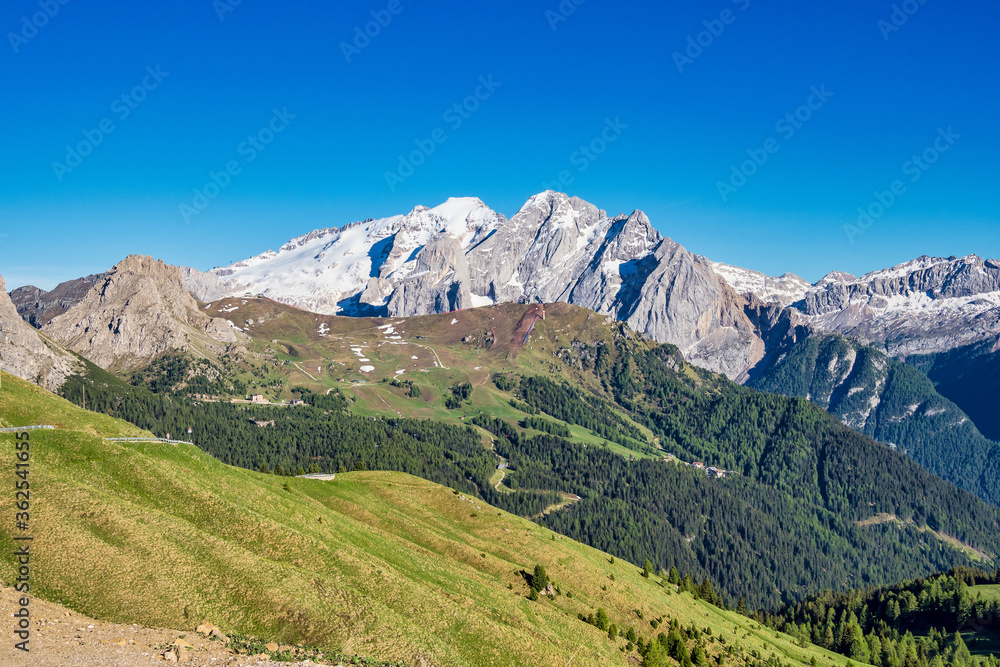 Panorama of the Alpes at Canazei in Dolomites, Trentino Alto Adige. Italy