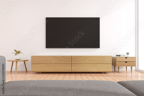 3D rendering of modern living room with TV screen.
