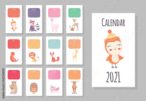 Calendar 2021. Cute monthly calendar with cute animals. Hand drawn style characters owl, raccoon, lama, deer, beaver, lion, fox, moose, bunny, bear, hedgehog, giraffe