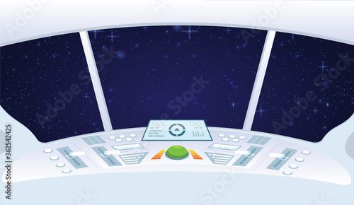 Spaceship Inside Space Stars Universe background. View of the Galaxy from a shuttle's illuminator. Space control panel