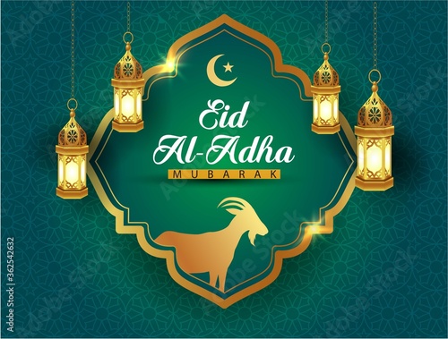 vector illustration. Muslim holiday Eid al-Adha. golden sheep. graphic design decoration kurban bayrami. month lamb and a lamp.vector illustration. green background
