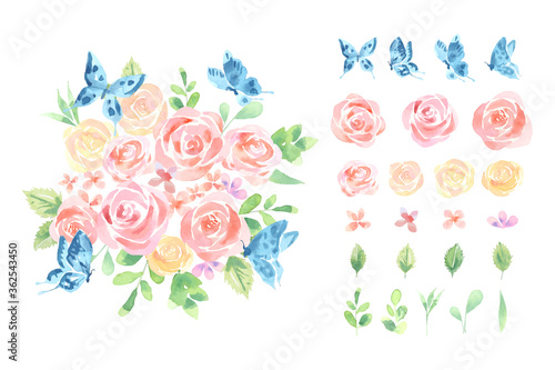 Water color red and orange rose with blue butterfly botanical bouquet loose style arrange isolated, white background illustration vector. Suitable for Valentine's day and wedding design elements. 