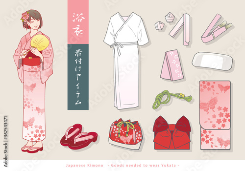 浴衣の着付けアイテム一式ベクターイラスト。