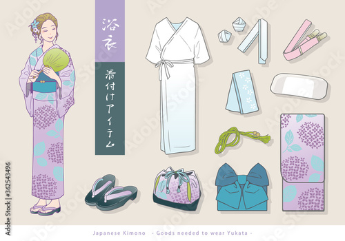 浴衣の着付けアイテム一式ベクターイラスト。