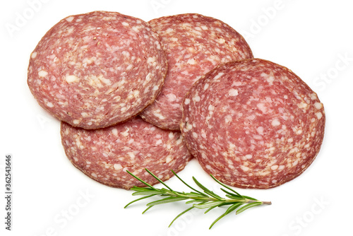 Thinly Sliced Smoked Salami with rosemary, top view, isolated on a white background