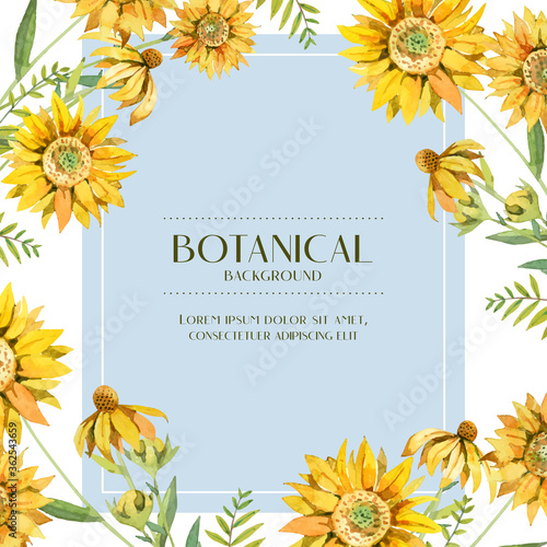 Water color yellow sunflower botanical bouquet on corner design, blue and white background illustration vector. Suitable for wedding and various design elements. 