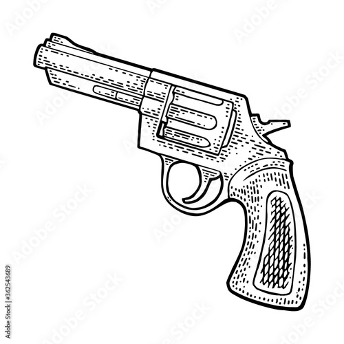 Revolver with short barrel and bullets. Vector engraving vintage illustrations.