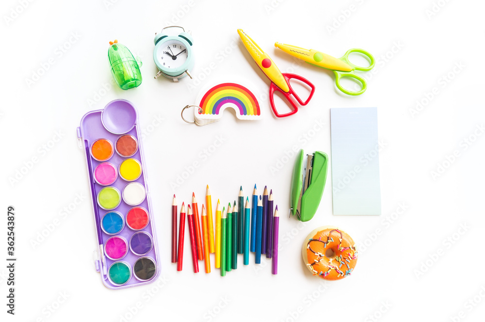 Fototapeta premium Office rainbow. White background. Back to school.