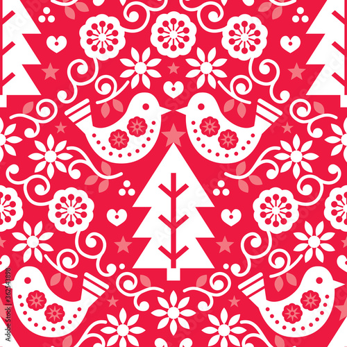 Christmas Scandinavian seamless vector pattern with birds and flowers in white on red, folk art Nordic fabric, textile design
