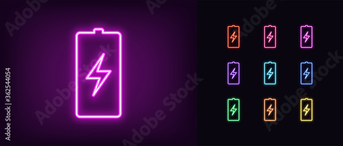 Fotografia Neon battery icon. Neon charge battery sign with lightning
