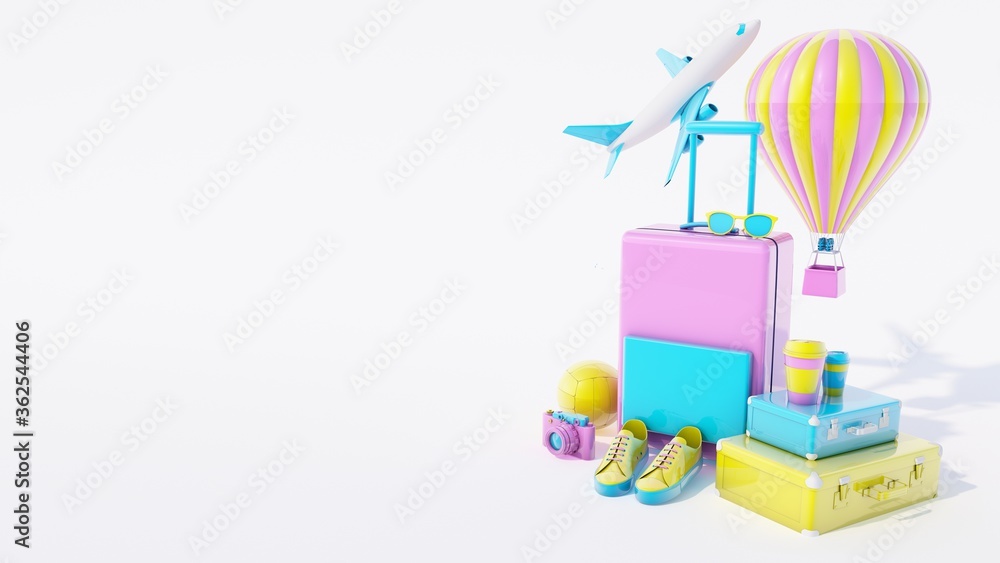 Traveling 3d rendering background. Trip concept. Tourist luggage. Traveler bag. Modern pastel color. Plain fly. Vocation. Summer holiday. Voyage. Adventure. Traveling 3d rendering background. Trip concept. Tourist luggage. Traveler bag. Modern pastel color. Plain fly. Vocation. Summer holiday. Voyage. Adventure.