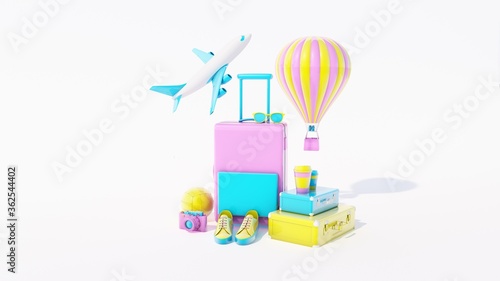 Traveling 3d rendering background. Trip concept. Tourist luggage. Traveler bag. Modern pastel color. Plain fly. Vocation. Summer holiday. Voyage. Adventure.