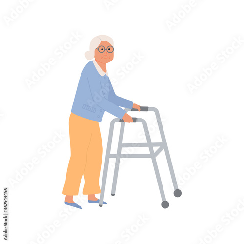 Elderly disabled woman with paddle walker. Old lady grandmother character on white background. Nursing home. Senior woman getting sick at hospital. Vector illustration.