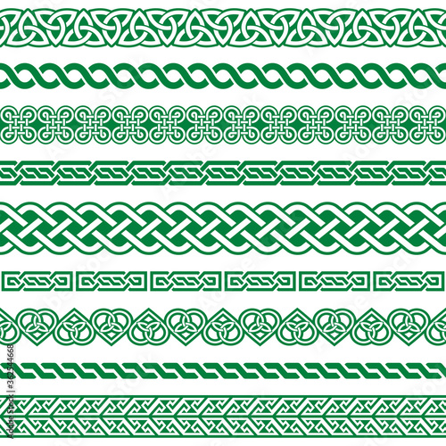 Irish Celtic vector seamless border green pattern set, braided frame designs for greeting cards, St Patrick's Day celebration