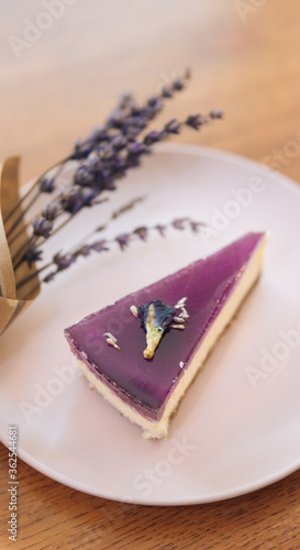 Slice of diet cheesecake with lavender