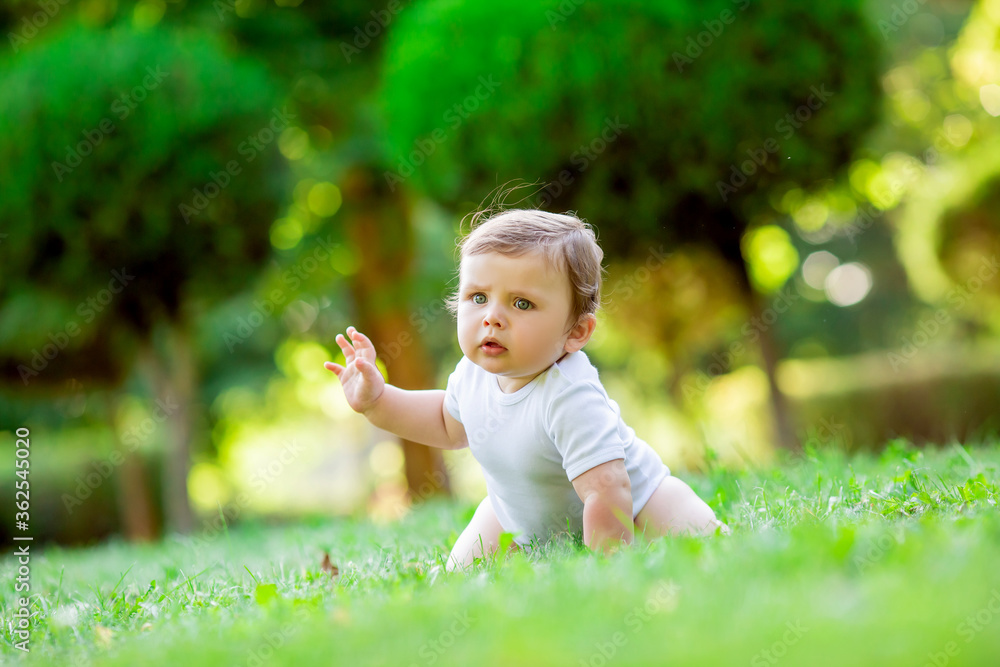 Cute kid in white bodysuit learns to crawl. Healthy toddler crawls on green grass in summer Cute kid in white bodysuit learns to crawl. Healthy toddler crawls on green grass in summer