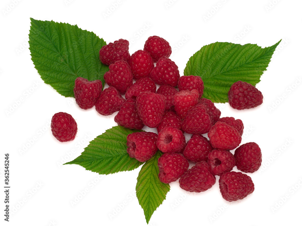 Raspberry with leaves isolated on a white background. Raspberry with leaves isolated on a white background.