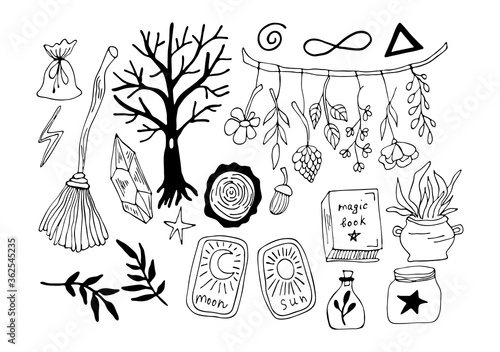 Witchcraft symbols - crystal, broom, forest, crystal, cards, leaves, potion,. Vector magic illustrations. Hand drawn doodles sketch magician set. photo