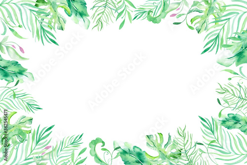 Fototapeta Naklejka Na Ścianę i Meble -  Watercolor frame background with tropical flowers, leaves. Hawaiian exotic illustrations for greeting card, wedding, wallpaper