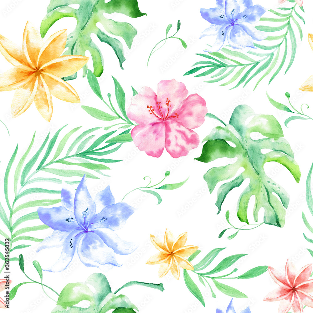 Obraz premium Watercolor tropical palm leaves seamless pattern. Tropical palm leaves, jungle leaf seamless floral pattern background