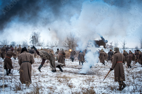 History of Ukraine. War in Ukraine. Soldiers flee to the defense. Battlefield. Explosion. Soldiers in the smoke. War for Ukraine.