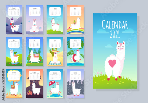 Calendar 2021. Cute monthly calendar with llama alpaca animals. Hand drawn style characters