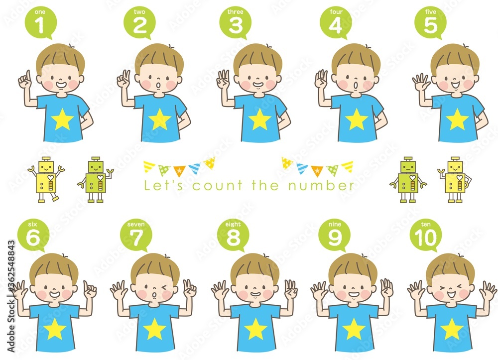 英語で1から10までの数える男の子の表情セットとロボット 英語で1から10までの数える男の子の表情セットとロボット