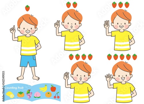 果物の数を数える男の子の表情セットとフルールセット