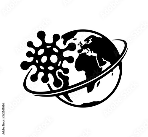 COVID-19 icon - combination of Earth globe and Virus orbits a planet - symbol of pandemic and new normal concept