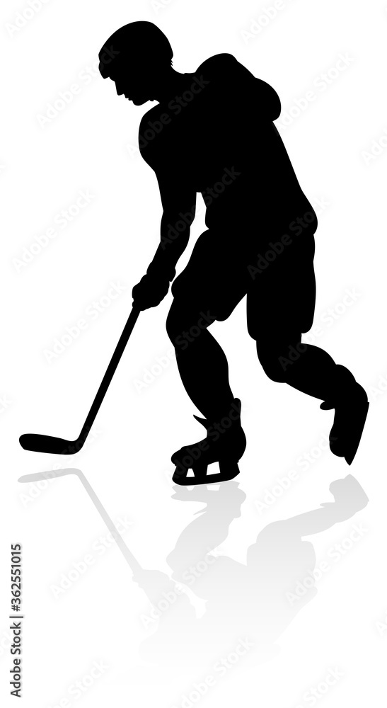 A detailed silhouette ice hockey player sports illustration