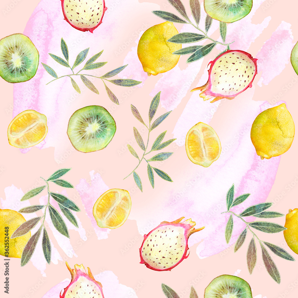 Seamless watercolor pattern. Abstraction. Exotic fruits, kiwi, pitaya, lemon on a pink background