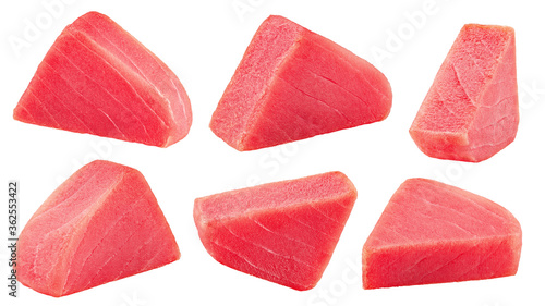 raw tuna steak, fish isolated on white background, clipping path, full depth of field