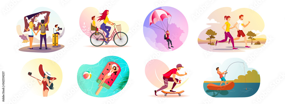Set of summer leisure scenes with people. Vector Illustration for Summer vacation, Recreation, Biking, Sport, Running, Fishing, Skateboarding, Parachuting, Swimming, Travel and Tourism. Set of summer leisure scenes with people. Vector Illustration for Summer vacation, Recreation, Biking, Sport, Running, Fishing, Skateboarding, Parachuting, Swimming, Travel and Tourism.