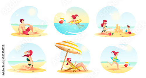 Set of beach scenes with people relaxing on the seashore. Vector Illustration for Beach Holidays, Summer vacation, Leisure, Recreation, Nature, Travel and Tourism.